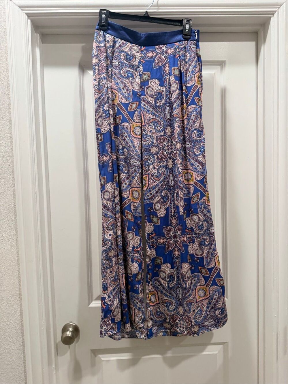 Anthropologie Elevenses Blue Paisley Wide Leg Satin Pants Small Bohemian Boho